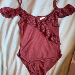 maroon / burgundy bodysuit with side frills